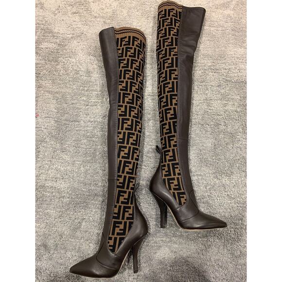 Fendi Rockoko Brown FF Logo Stretch Knit Sock Thigh High OTK Heel Pump Boot 35 - Picture 8 of 12